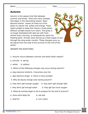Autumn Reading Passage Worksheet