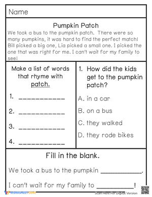 Fall Reading Passages: Pumpkin Patch Adventure