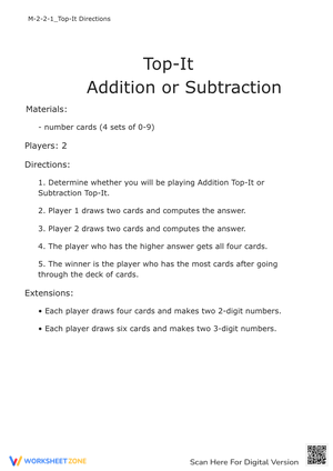 Addition and Subtraction Top-It Game