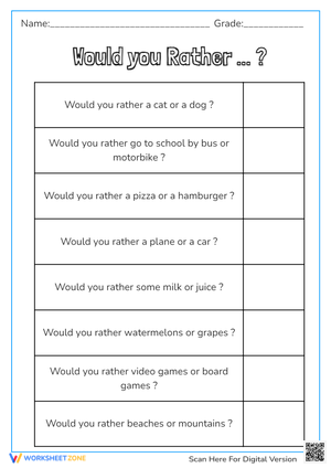 Would You Rather...? Fun Choice Worksheet for Kids (Grades 1-5)