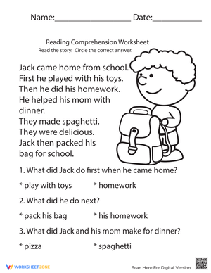 Back to School Reading Comprehension Worksheet