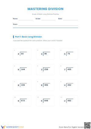 Long Division Practice | Grade 4 Math Printable