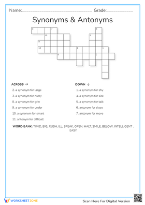 Synonyms & Antonyms Crossword Puzzle | Grade 1 Vocabulary Worksheet