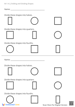 Dividing Shapes: Halves, Quarters & Fourths - Math Worksheet