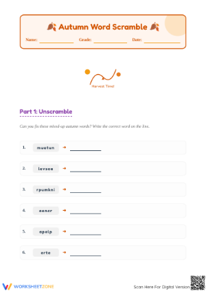 Printable Fall Word Scramble & Vocabulary | Grade 1-2
