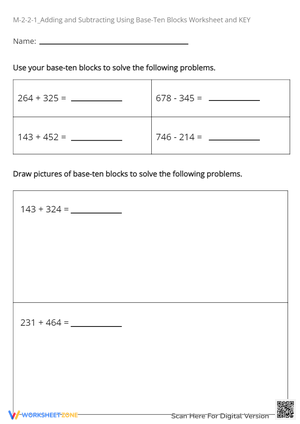 Base Ten Blocks: Addition & Subtraction Worksheet + Key