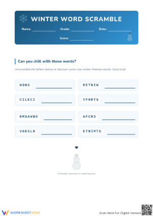 Winter Word Scramble Worksheet | Grade 3-4 Printable
