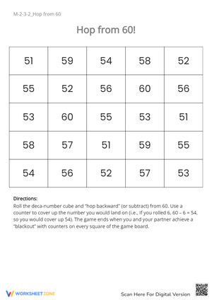 Hop From 60! Subtraction Game - Math Worksheet for 1st-3rd Grade