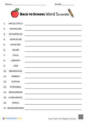 Back to School Word Scramble Puzzle for Kids