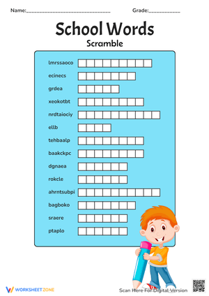 School Word Scramble with Boy holding pencil