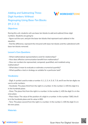 Adding/Subtracting Three-Digit Numbers Worksheet