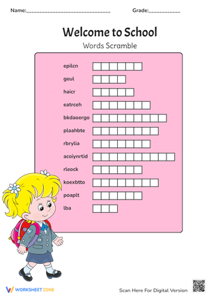 Welcome to School Word Scramble with a Cute Girl