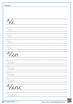 "Vinc" Name Tracing: Free Cursive Worksheet