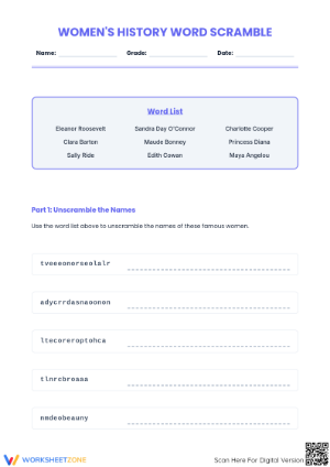 Printable Women's History Word Scramble | Grade 3-4 ELA