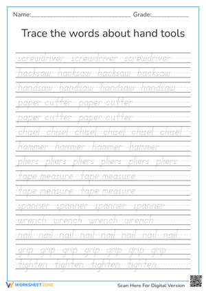 Hand Tools Vocabulary Tracing