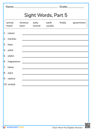Printable Grade 2 Sight Word Scramble Worksheet