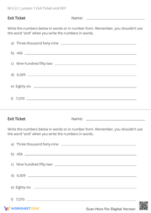 Number Words & Digits Worksheet - 3rd/4th Grade Math Practice