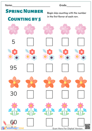 Spring Flowers: Skip Counting by 5s - Math Worksheet for Grades 1-2