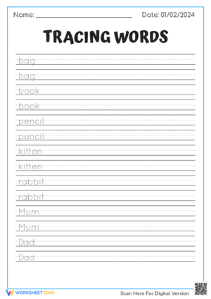 Handwriting Practice-Tracing Words Worksheet (PDF)