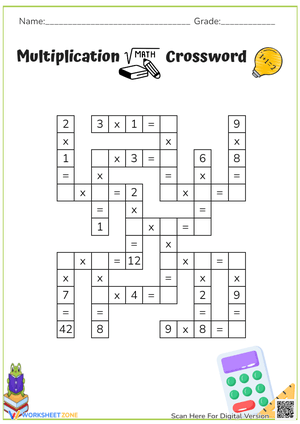Multiplication Math Crossword Worksheet