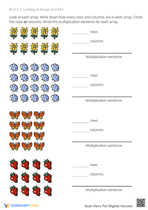 Arrays & Multiplication Worksheet - Rows, Columns, & Sentences