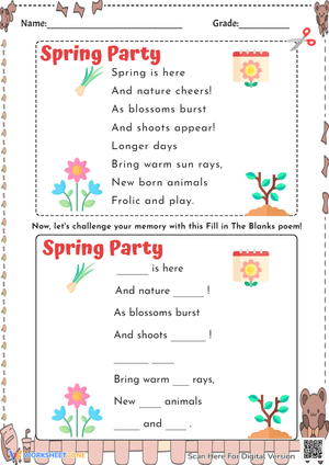 Spring Poem Fill-in-Blanks - Kindergarten Reading Activity