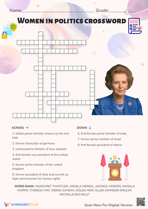Women in Politics Crossword - Famous Leaders Puzzle Activity