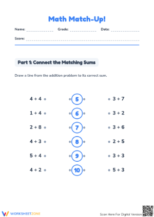 Grade 1 Addition Within 10 — Printable No-Prep Worksheet