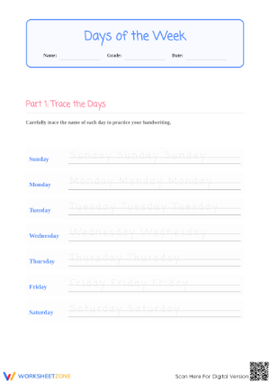 Days of the Week Handwriting Worksheet | Grade 1 Printable