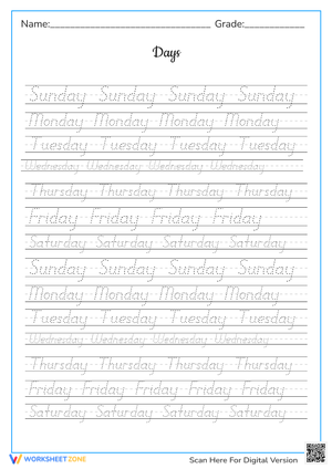 Days of the Week Tracing Practice Handwriting