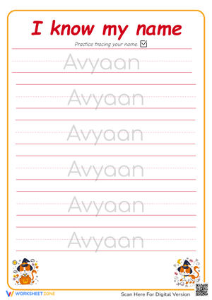 Name Tracing Worksheet for Kids: Avyaan