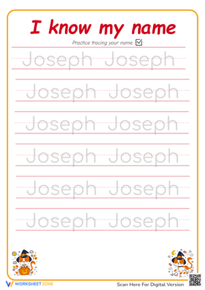 Name Tracing Fun Worksheet for Kids: Joseph