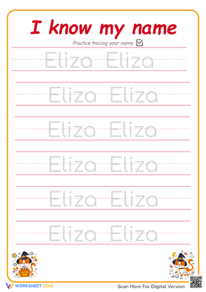 Name Tracing FREE Printable Worksheet: Eliza
