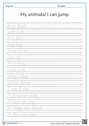 Animal Action Words Tracing Sheet