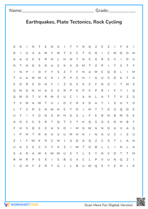 Earthquakes, Plate Tectonics Word Search