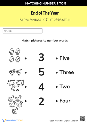 End of Year Farm Animals Cut & Match 1-5