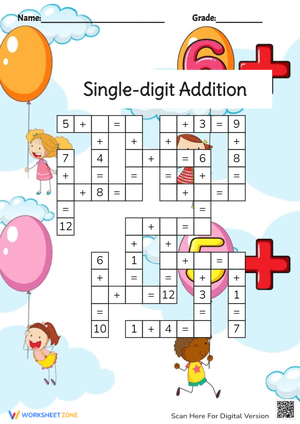 Single Digit Addition Crossword Worksheet