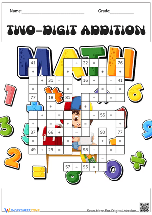 Two-digit addition crossword worksheet