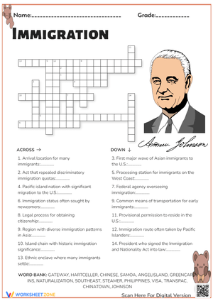 Immigration History Crossword - Grades 6-10 - Vocabulary Puzzle