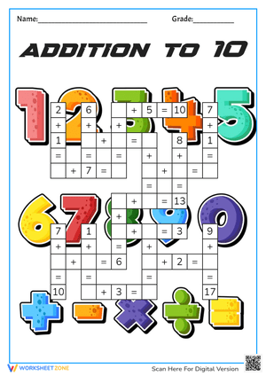 Addition To 10 Crossword Worksheet
