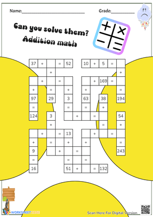 Addition Math Crossword Worksheet
