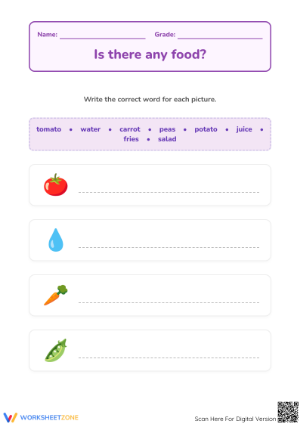 Food Vocabulary Printable Worksheet | Grade 1 ELA