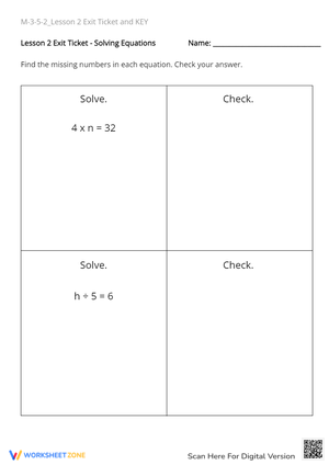 Grade 3 Solving Equations — Printable No-Prep Worksheet