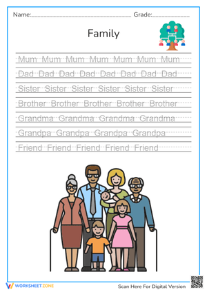 Family Member Tracing Worksheet | Grade 1 Printable