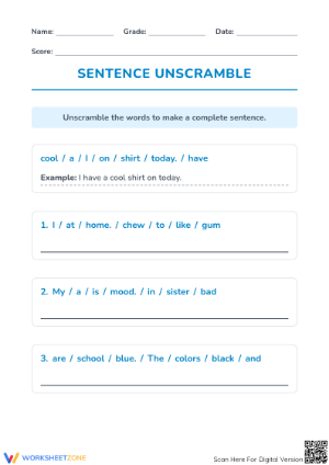 Sentence Unscramble Worksheet | Grade 3 ELA Printable
