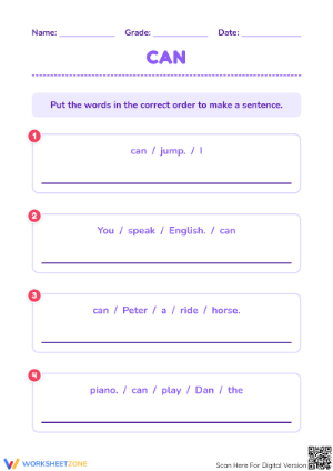 "Can" Sentence Scramble | Grade 1-2 Essential Worksheet