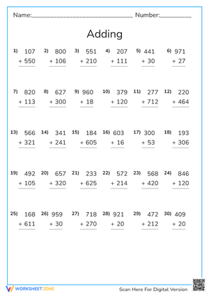 Multi-Digit Addition Worksheet for Math Practice
