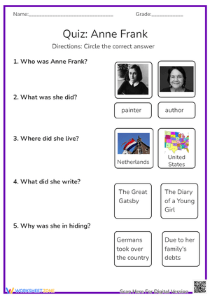 Anne Frank Quiz: Essential Grade 3 History Worksheet