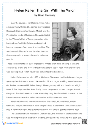 Helen Keller Reading Comprehension Worksheet