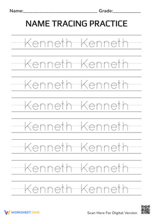 Name Tracing Practice for 'Kenneth'